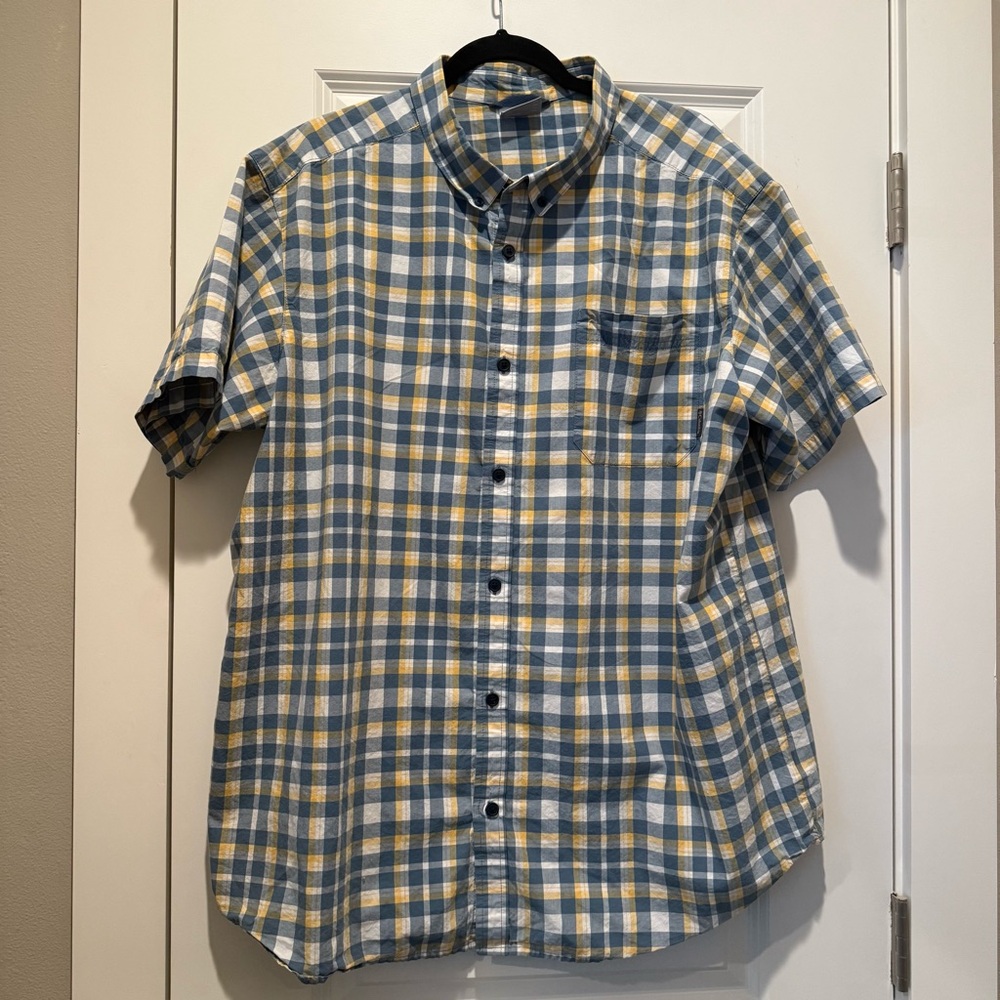 Columbia Men's Regular fit Sz XXL Button Shirt Short Sleeve Blue Yellow Plaid